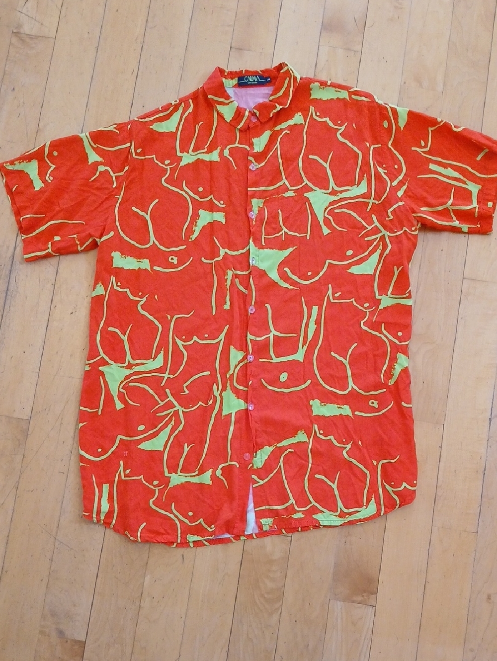 Men's Short-Sleeve Button Shirt - Bright Red & Lime Print Party Shirt